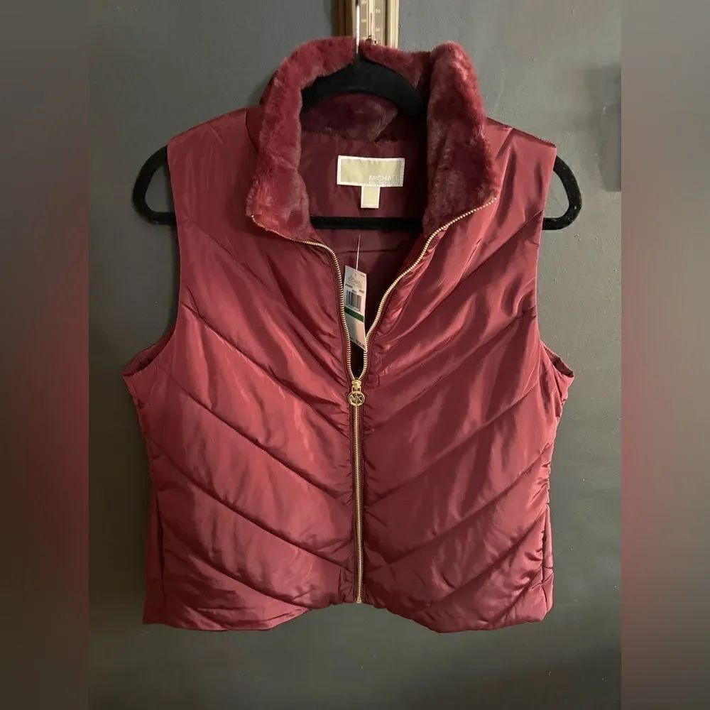 Michael Michael Kors Merlot Puffer Winter Vest Size Large NWT Faux Trim